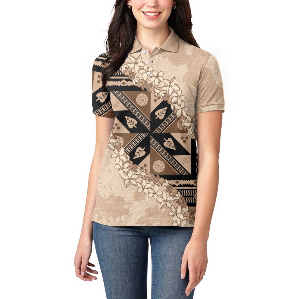 Bula Fiji Plumeria Tagimoucia Salusalu Beige Women Polo Shirt Kaiviti Masi - Polynesian Pride