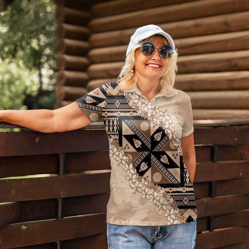 Bula Fiji Plumeria Tagimoucia Salusalu Beige Women Polo Shirt Kaiviti Masi - Polynesian Pride