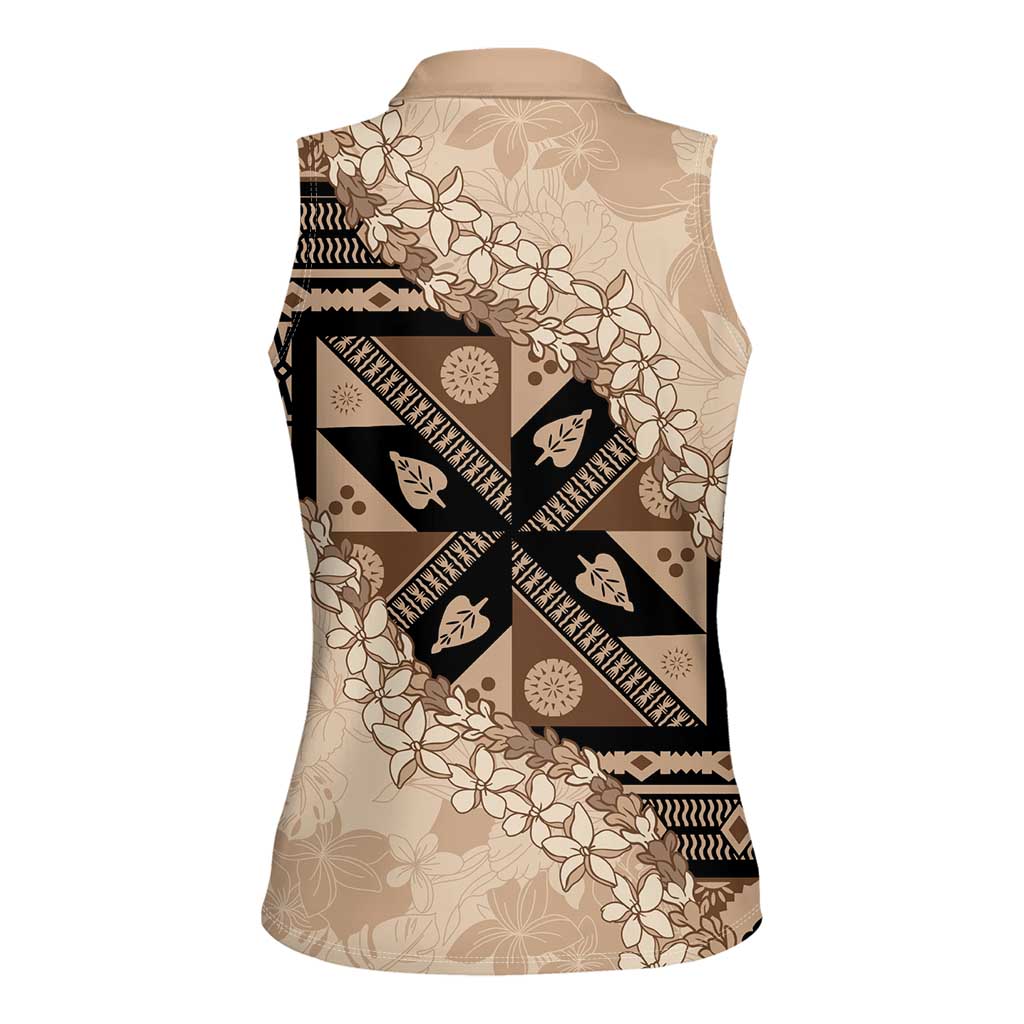 Bula Fiji Plumeria Tagimoucia Salusalu Beige Women Sleeveless Polo Shirt Kaiviti Masi - Polynesian Pride