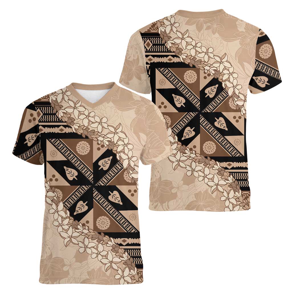 Bula Fiji Plumeria Tagimoucia Salusalu Beige Women V-Neck T-Shirt Kaiviti Masi - Polynesian Pride
