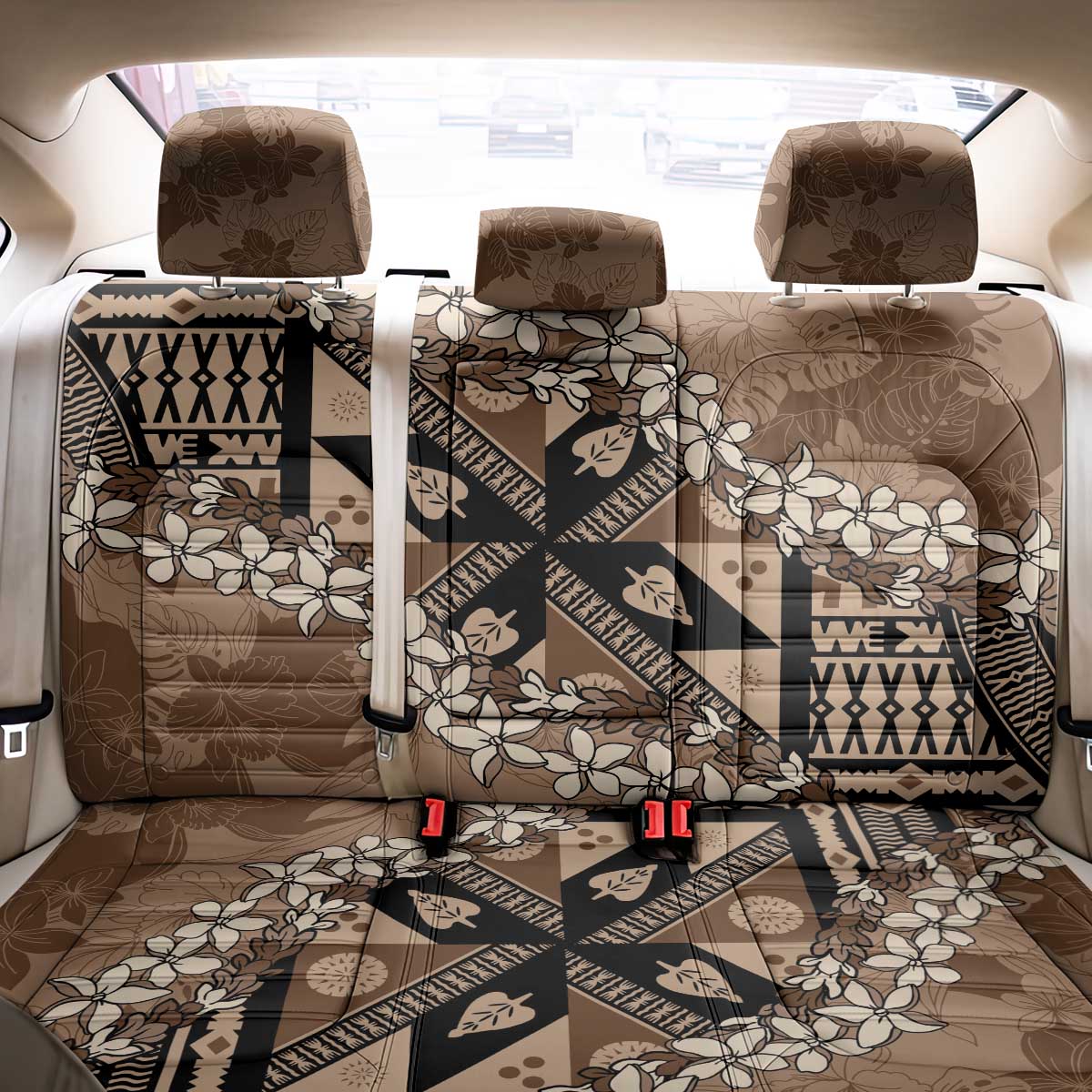 Bula Fiji Plumeria Tagimoucia Salusalu Mocha Back Car Seat Cover Kaiviti Masi - Polynesian Pride