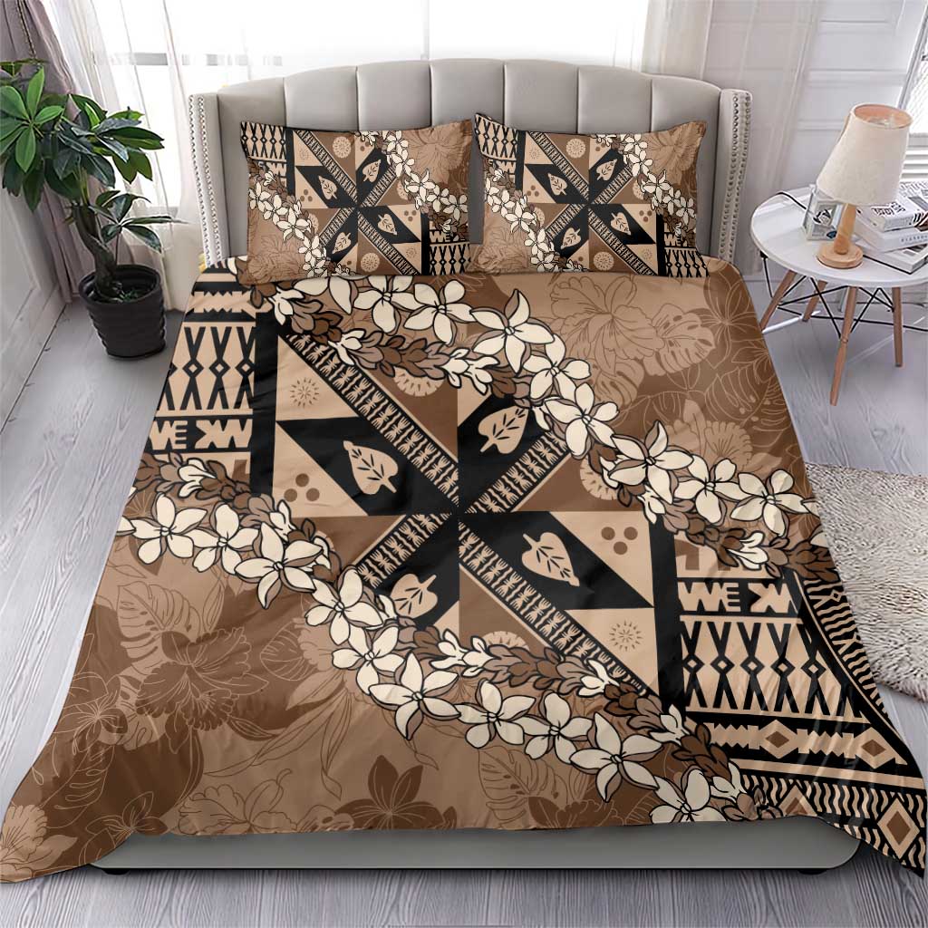 Bula Fiji Plumeria Tagimoucia Salusalu Mocha Bedding Set Kaiviti Masi - Polynesian Pride