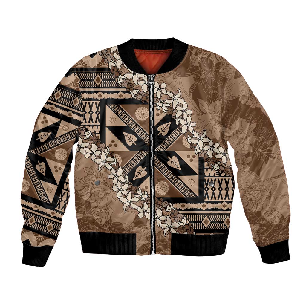 Bula Fiji Plumeria Tagimoucia Salusalu Mocha Bomber Jacket Kaiviti Masi - Polynesian Pride