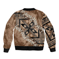 Bula Fiji Plumeria Tagimoucia Salusalu Mocha Bomber Jacket Kaiviti Masi - Polynesian Pride
