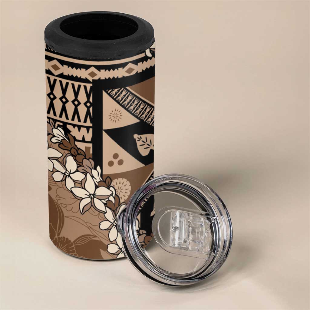 Bula Fiji Plumeria Tagimoucia Salusalu Mocha 4 in 1 Can Cooler Tumbler Kaiviti Masi - Polynesian Pride