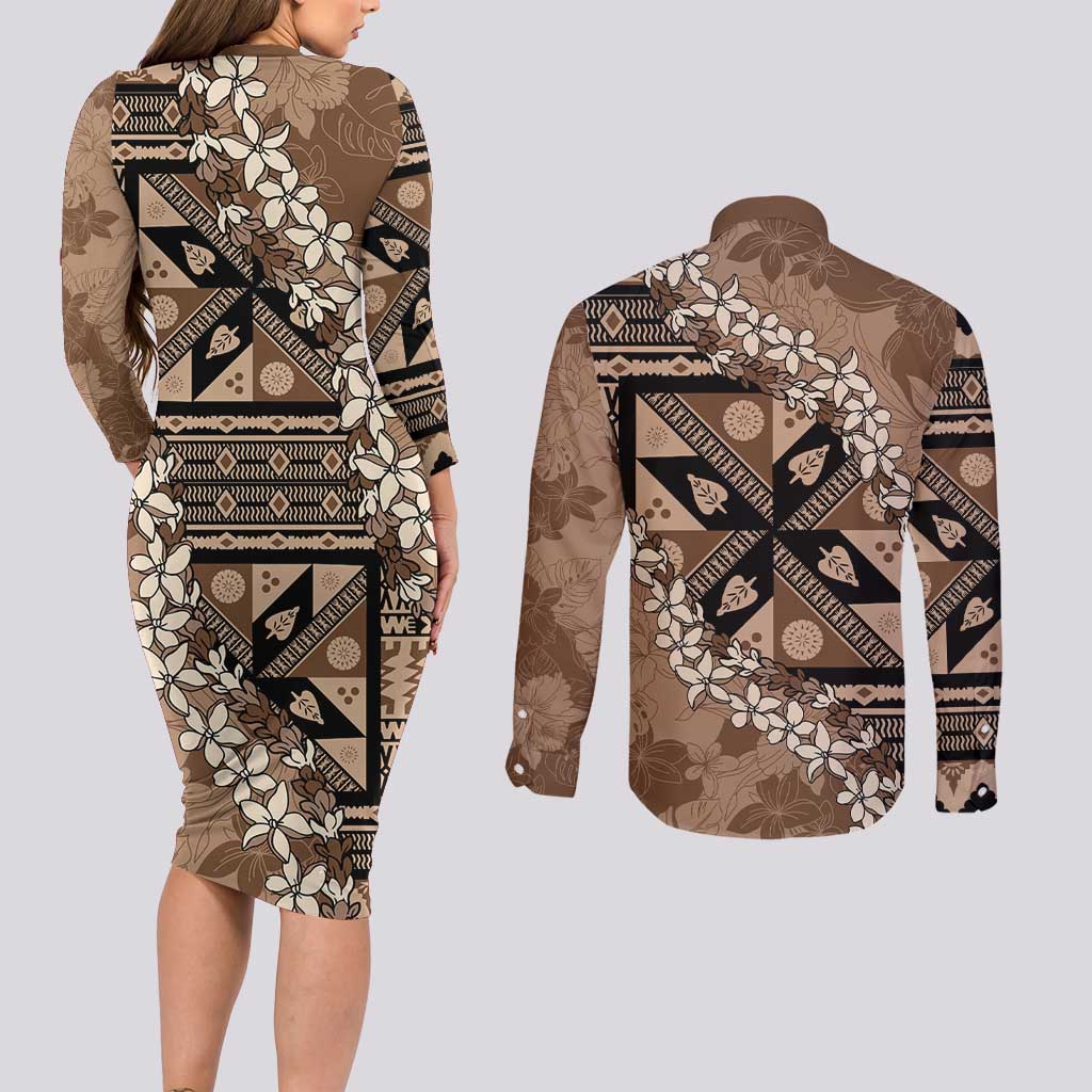 Bula Fiji Plumeria Tagimoucia Salusalu Mocha Couples Matching Long Sleeve Bodycon Dress and Long Sleeve Button Shirt Kaiviti Masi - Polynesian Pride