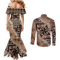 Bula Fiji Plumeria Tagimoucia Salusalu Mocha Couples Matching Mermaid Dress and Long Sleeve Button Shirt Kaiviti Masi - Polynesian Pride