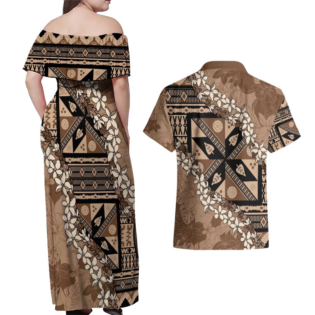 Bula Fiji Plumeria Tagimoucia Salusalu Mocha Couples Matching Off Shoulder Maxi Dress and Hawaiian Shirt Kaiviti Masi - Polynesian Pride