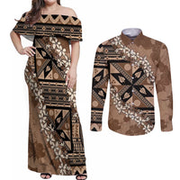 Bula Fiji Plumeria Tagimoucia Salusalu Mocha Couples Matching Off Shoulder Maxi Dress and Long Sleeve Button Shirt Kaiviti Masi - Polynesian Pride
