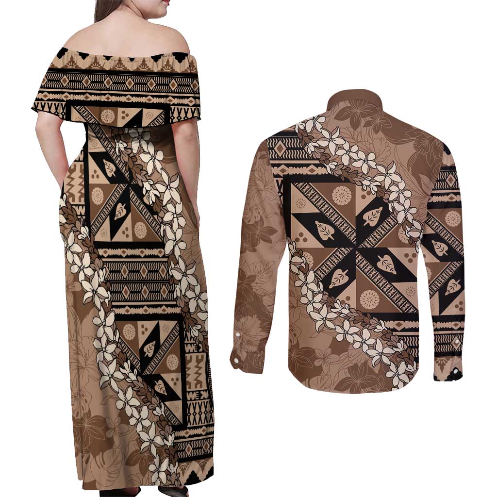 Bula Fiji Plumeria Tagimoucia Salusalu Mocha Couples Matching Off Shoulder Maxi Dress and Long Sleeve Button Shirt Kaiviti Masi - Polynesian Pride