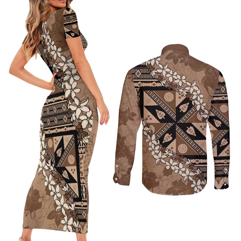 Bula Fiji Plumeria Tagimoucia Salusalu Mocha Couples Matching Short Sleeve Bodycon Dress and Long Sleeve Button Shirt Kaiviti Masi - Polynesian Pride
