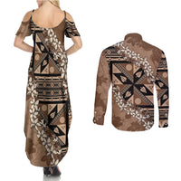 Bula Fiji Plumeria Tagimoucia Salusalu Mocha Couples Matching Summer Maxi Dress and Long Sleeve Button Shirt Kaiviti Masi - Polynesian Pride
