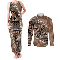 Bula Fiji Plumeria Tagimoucia Salusalu Mocha Couples Matching Tank Maxi Dress and Long Sleeve Button Shirt Kaiviti Masi - Polynesian Pride