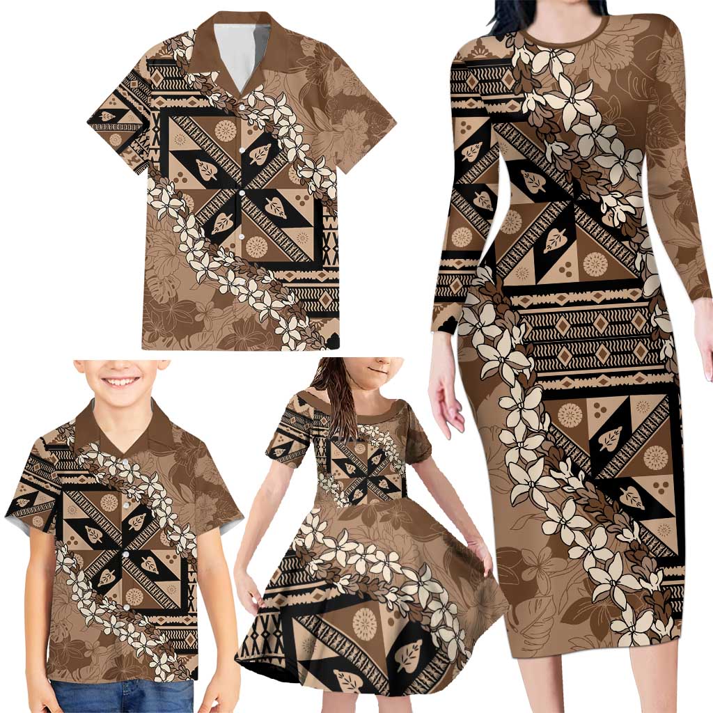 Bula Fiji Plumeria Tagimoucia Salusalu Mocha Family Matching Long Sleeve Bodycon Dress and Hawaiian Shirt Kaiviti Masi - Polynesian Pride