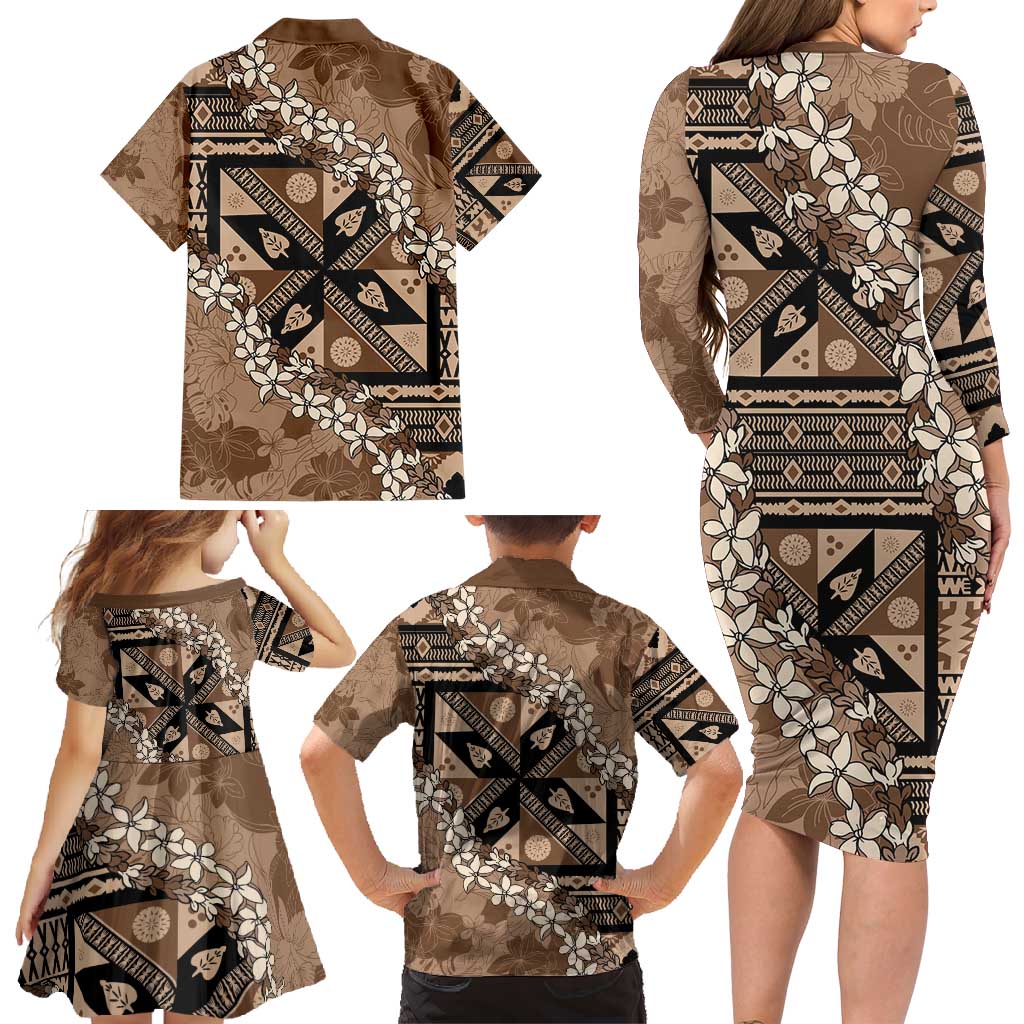 Bula Fiji Plumeria Tagimoucia Salusalu Mocha Family Matching Long Sleeve Bodycon Dress and Hawaiian Shirt Kaiviti Masi - Polynesian Pride