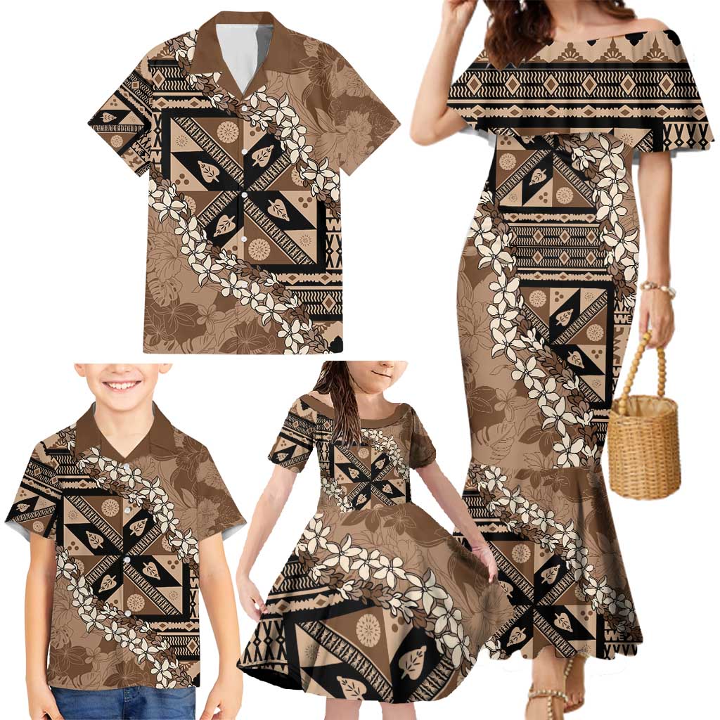 Bula Fiji Plumeria Tagimoucia Salusalu Mocha Family Matching Mermaid Dress and Hawaiian Shirt Kaiviti Masi - Polynesian Pride