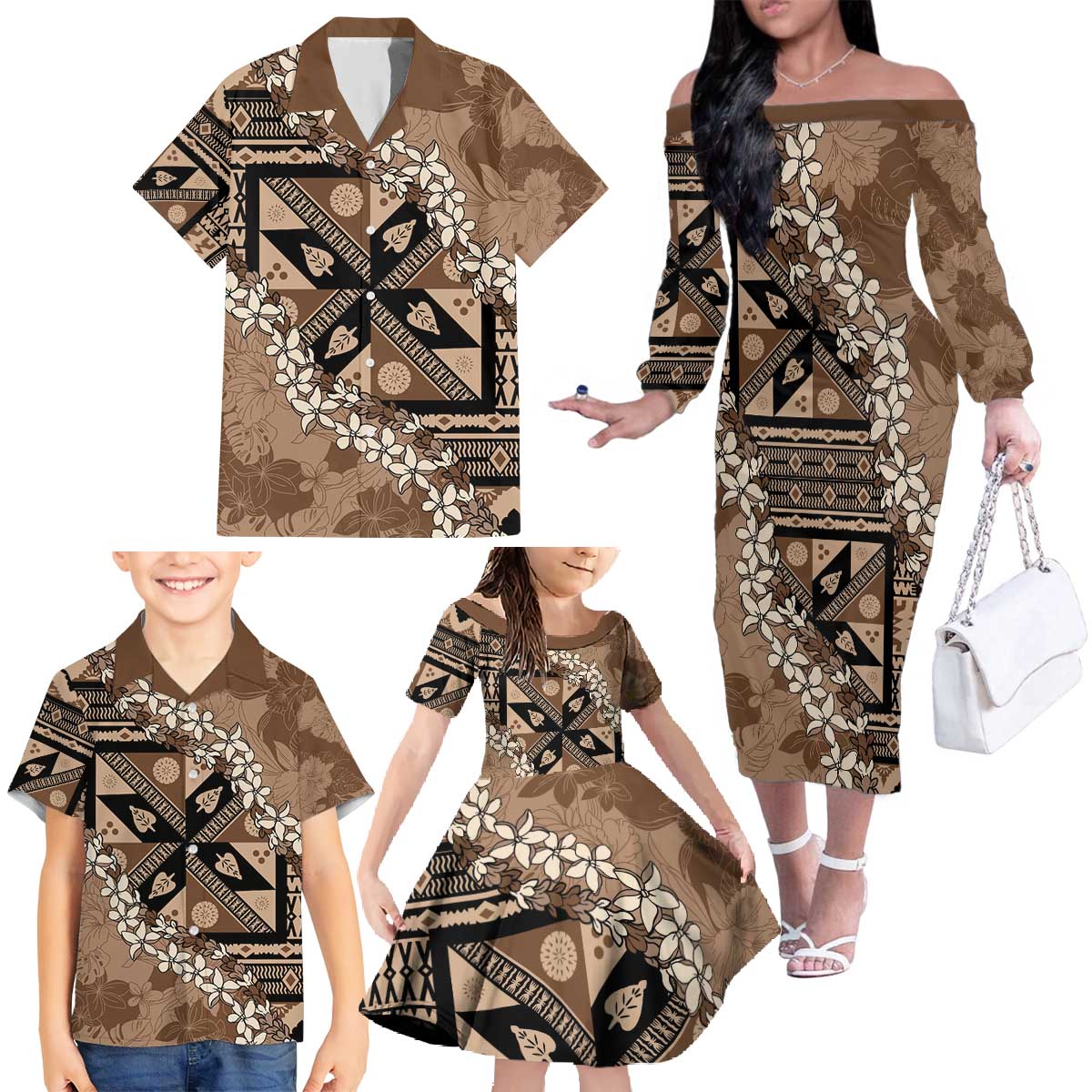 Bula Fiji Plumeria Tagimoucia Salusalu Mocha Family Matching Off The Shoulder Long Sleeve Dress and Hawaiian Shirt Kaiviti Masi - Polynesian Pride