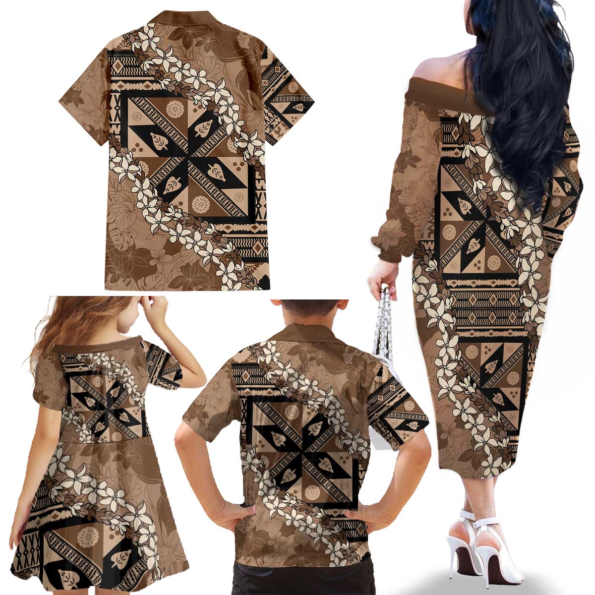 Bula Fiji Plumeria Tagimoucia Salusalu Mocha Family Matching Off The Shoulder Long Sleeve Dress and Hawaiian Shirt Kaiviti Masi - Polynesian Pride