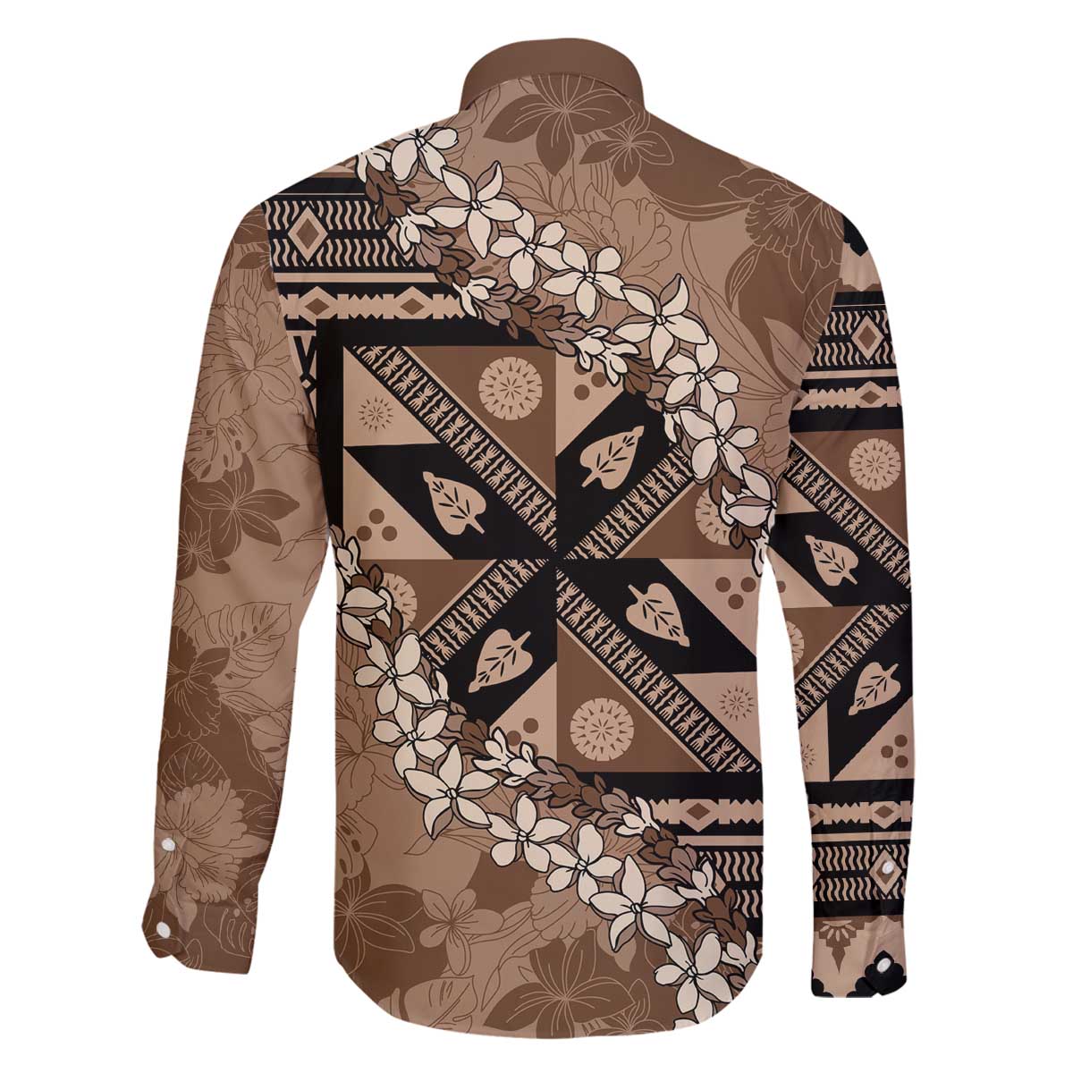 Bula Fiji Plumeria Tagimoucia Salusalu Mocha Family Matching Off The Shoulder Long Sleeve Dress and Hawaiian Shirt Kaiviti Masi - Polynesian Pride