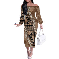Bula Fiji Plumeria Tagimoucia Salusalu Mocha Family Matching Off The Shoulder Long Sleeve Dress and Hawaiian Shirt Kaiviti Masi - Polynesian Pride
