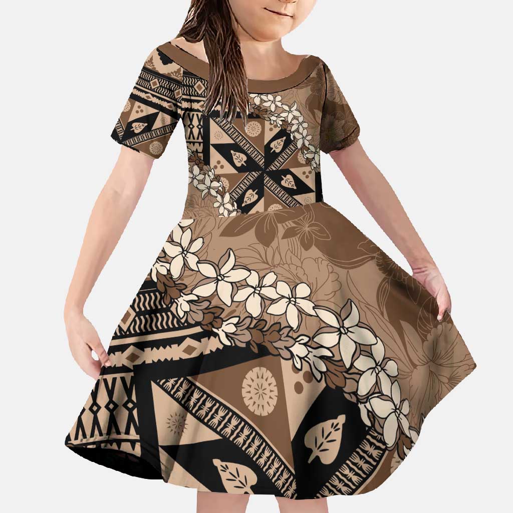 Bula Fiji Plumeria Tagimoucia Salusalu Mocha Family Matching Off Shoulder Maxi Dress and Hawaiian Shirt Kaiviti Masi - Polynesian Pride