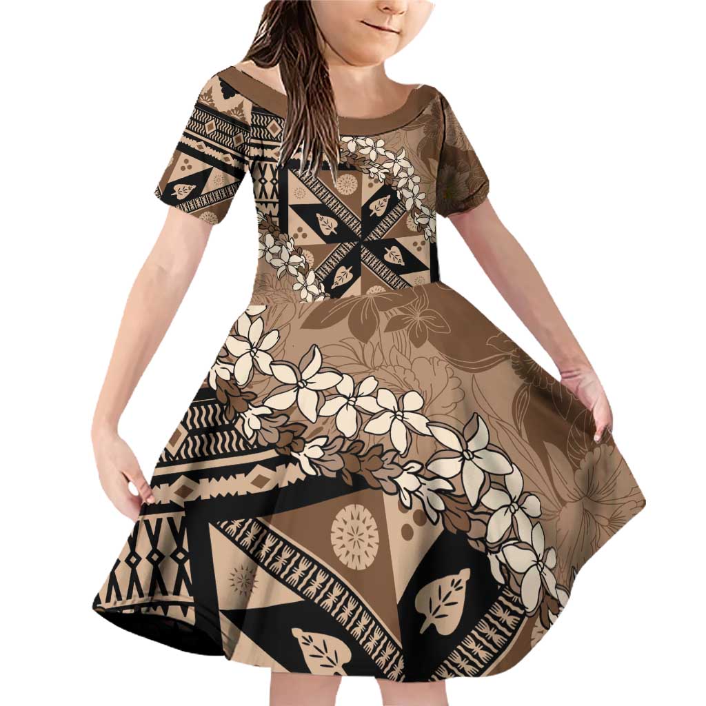 Bula Fiji Plumeria Tagimoucia Salusalu Mocha Family Matching Off Shoulder Short Dress and Hawaiian Shirt Kaiviti Masi - Polynesian Pride