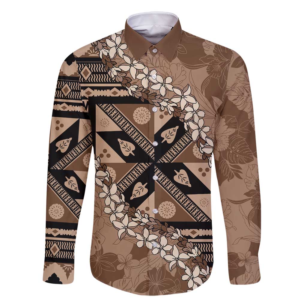 Bula Fiji Plumeria Tagimoucia Salusalu Mocha Family Matching Off Shoulder Short Dress and Hawaiian Shirt Kaiviti Masi - Polynesian Pride