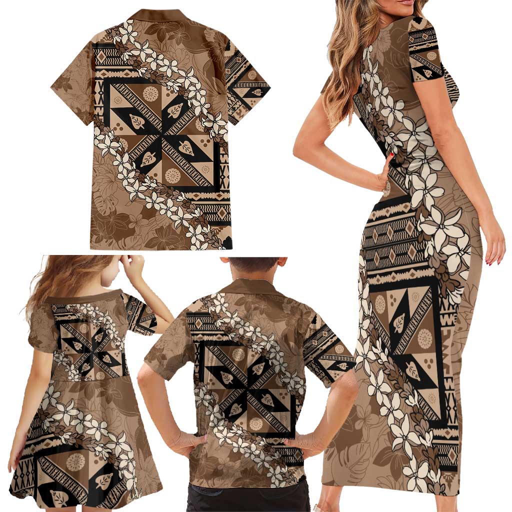 Bula Fiji Plumeria Tagimoucia Salusalu Mocha Family Matching Short Sleeve Bodycon Dress and Hawaiian Shirt Kaiviti Masi - Polynesian Pride
