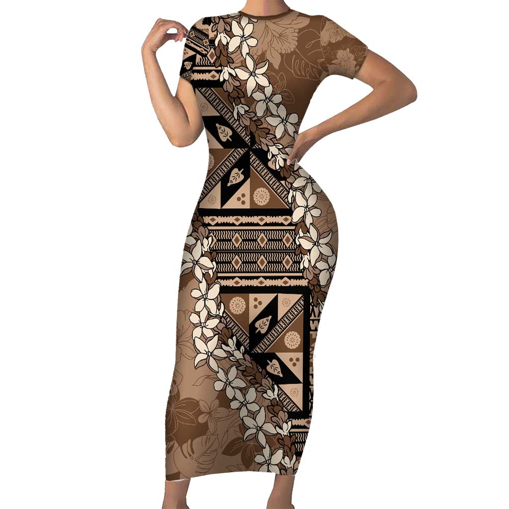 Bula Fiji Plumeria Tagimoucia Salusalu Mocha Family Matching Short Sleeve Bodycon Dress and Hawaiian Shirt Kaiviti Masi - Polynesian Pride