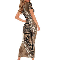 Bula Fiji Plumeria Tagimoucia Salusalu Mocha Family Matching Short Sleeve Bodycon Dress and Hawaiian Shirt Kaiviti Masi - Polynesian Pride