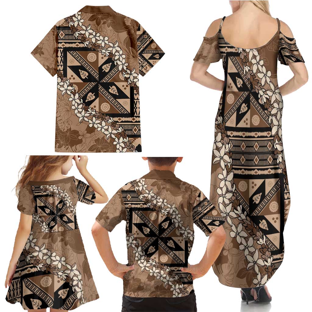 Bula Fiji Plumeria Tagimoucia Salusalu Mocha Family Matching Summer Maxi Dress and Hawaiian Shirt Kaiviti Masi - Polynesian Pride