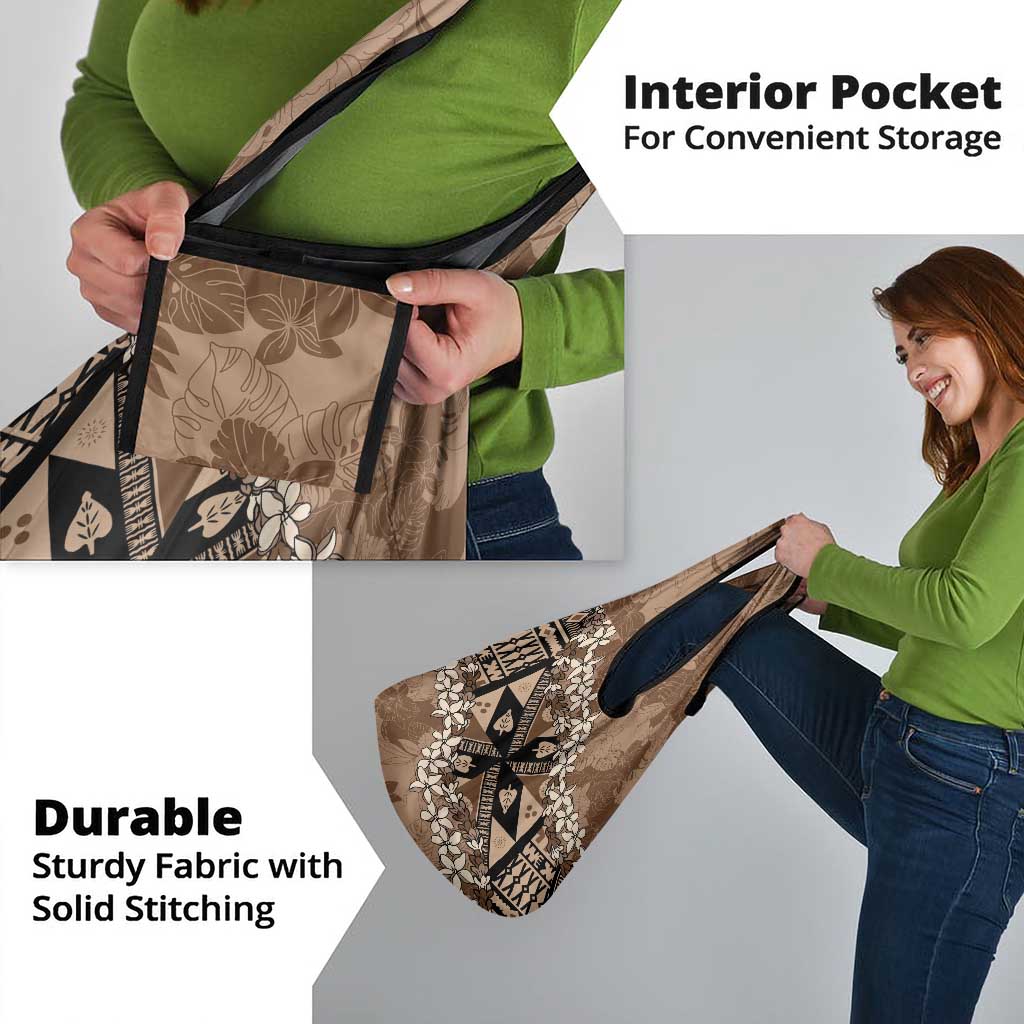 Bula Fiji Plumeria Tagimoucia Salusalu Mocha Grocery Bag Kaiviti Masi - Polynesian Pride