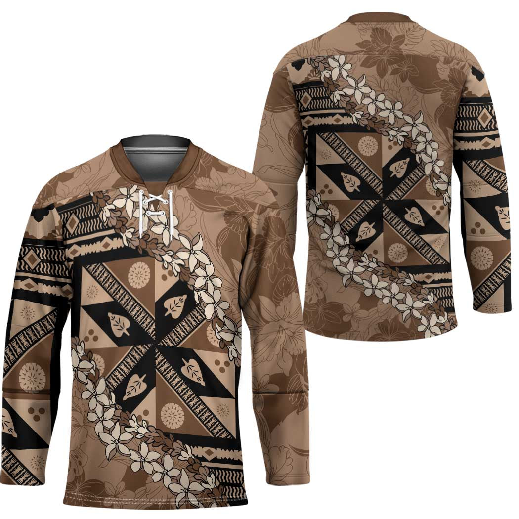 Bula Fiji Plumeria Tagimoucia Salusalu Mocha Hockey Jersey Kaiviti Masi - Polynesian Pride