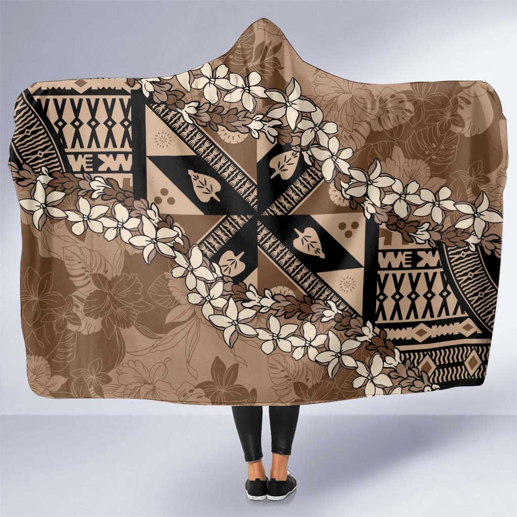 Bula Fiji Plumeria Tagimoucia Salusalu Mocha Hooded Blanket Kaiviti Masi - Polynesian Pride