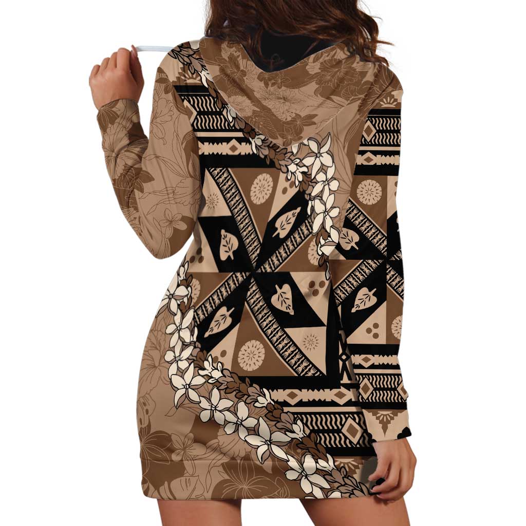 Bula Fiji Plumeria Tagimoucia Salusalu Mocha Hoodie Dress Kaiviti Masi - Polynesian Pride