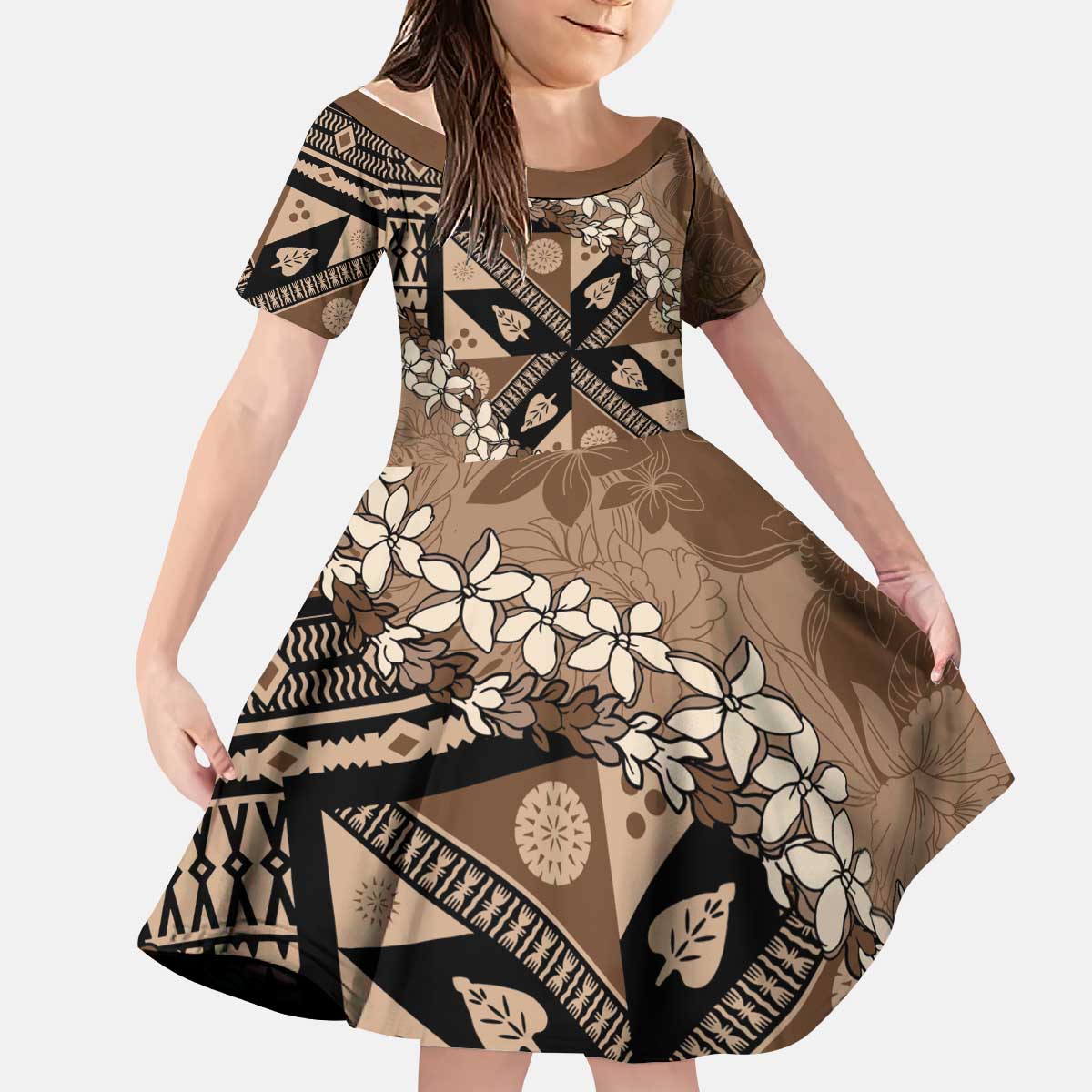 Bula Fiji Plumeria Tagimoucia Salusalu Mocha Kid Short Sleeve Dress Kaiviti Masi - Polynesian Pride