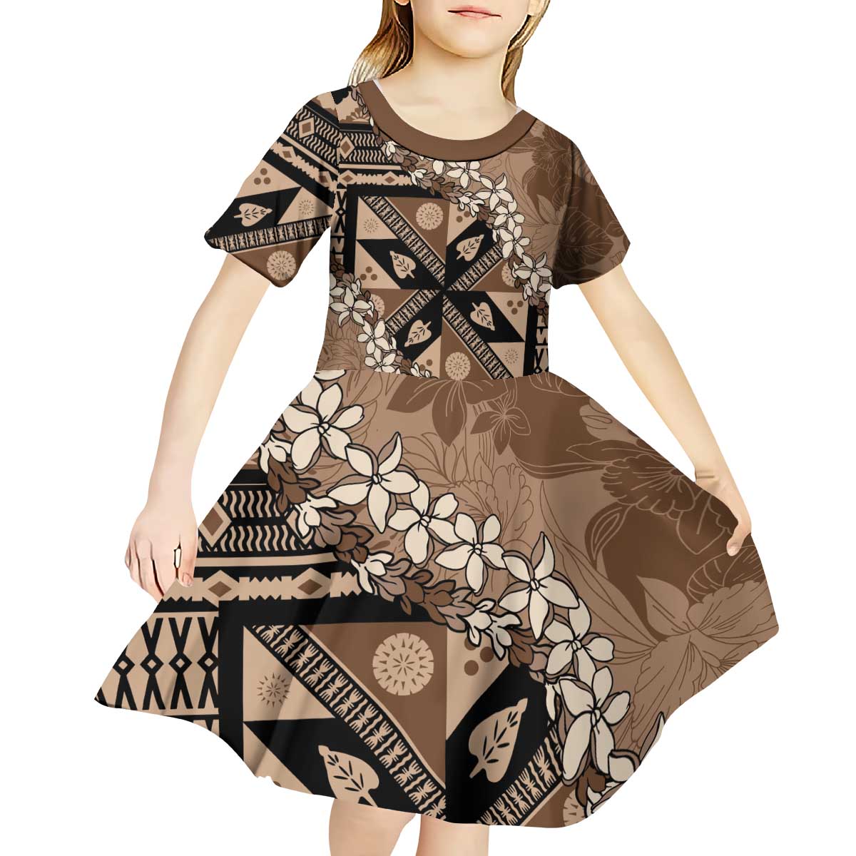 Bula Fiji Plumeria Tagimoucia Salusalu Mocha Kid Short Sleeve Dress Kaiviti Masi - Polynesian Pride