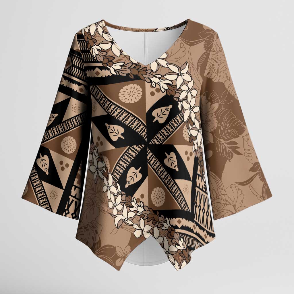 Bula Fiji Plumeria Tagimoucia Salusalu Mocha Kimono Sleeve Blouse Kaiviti Masi - Polynesian Pride