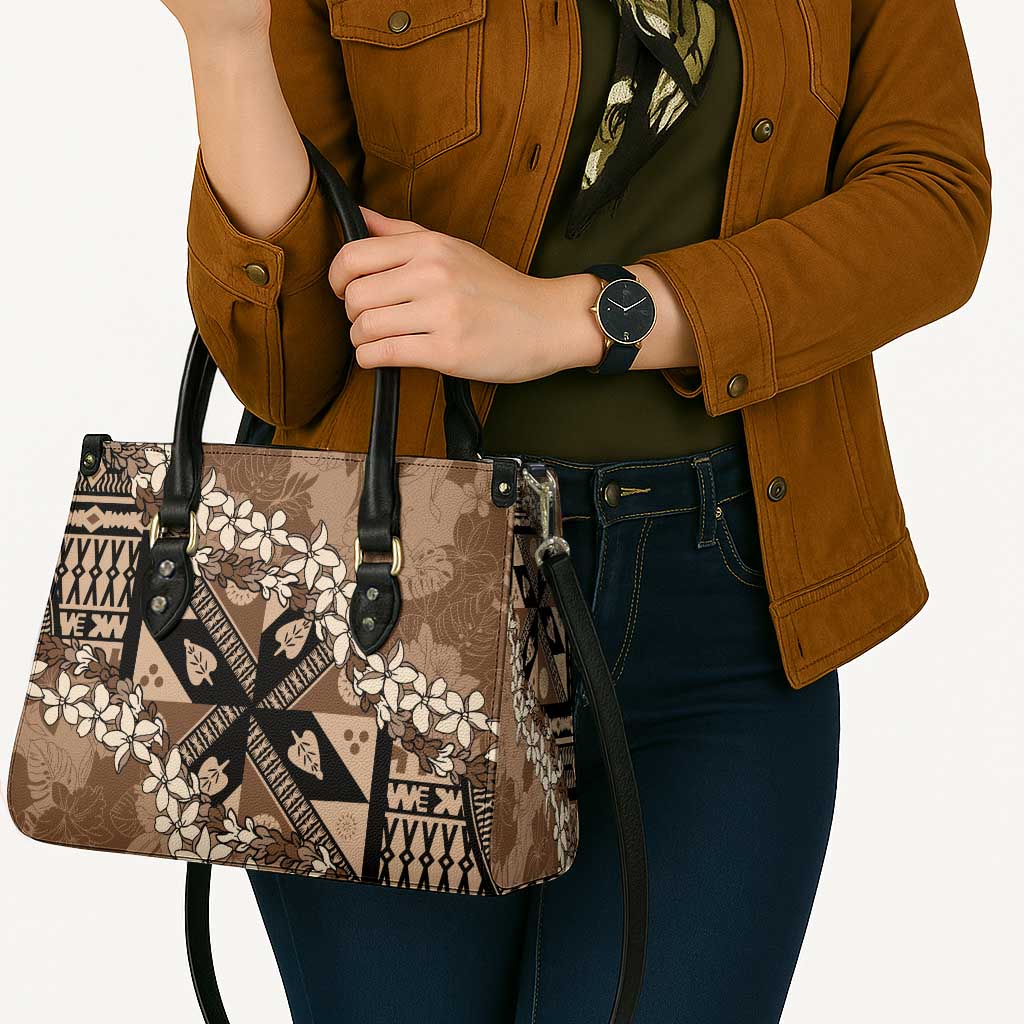 Bula Fiji Plumeria Tagimoucia Salusalu Mocha Leather Bag Kaiviti Masi - Polynesian Pride
