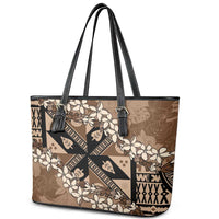 Bula Fiji Plumeria Tagimoucia Salusalu Mocha Leather Tote Bag Kaiviti Masi - Polynesian Pride