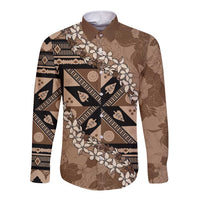 Bula Fiji Plumeria Tagimoucia Salusalu Mocha Long Sleeve Button Shirt Kaiviti Masi - Polynesian Pride