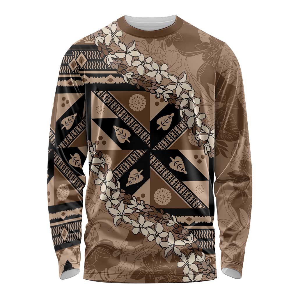 Bula Fiji Plumeria Tagimoucia Salusalu Mocha Long Sleeve Shirt Kaiviti Masi - Polynesian Pride