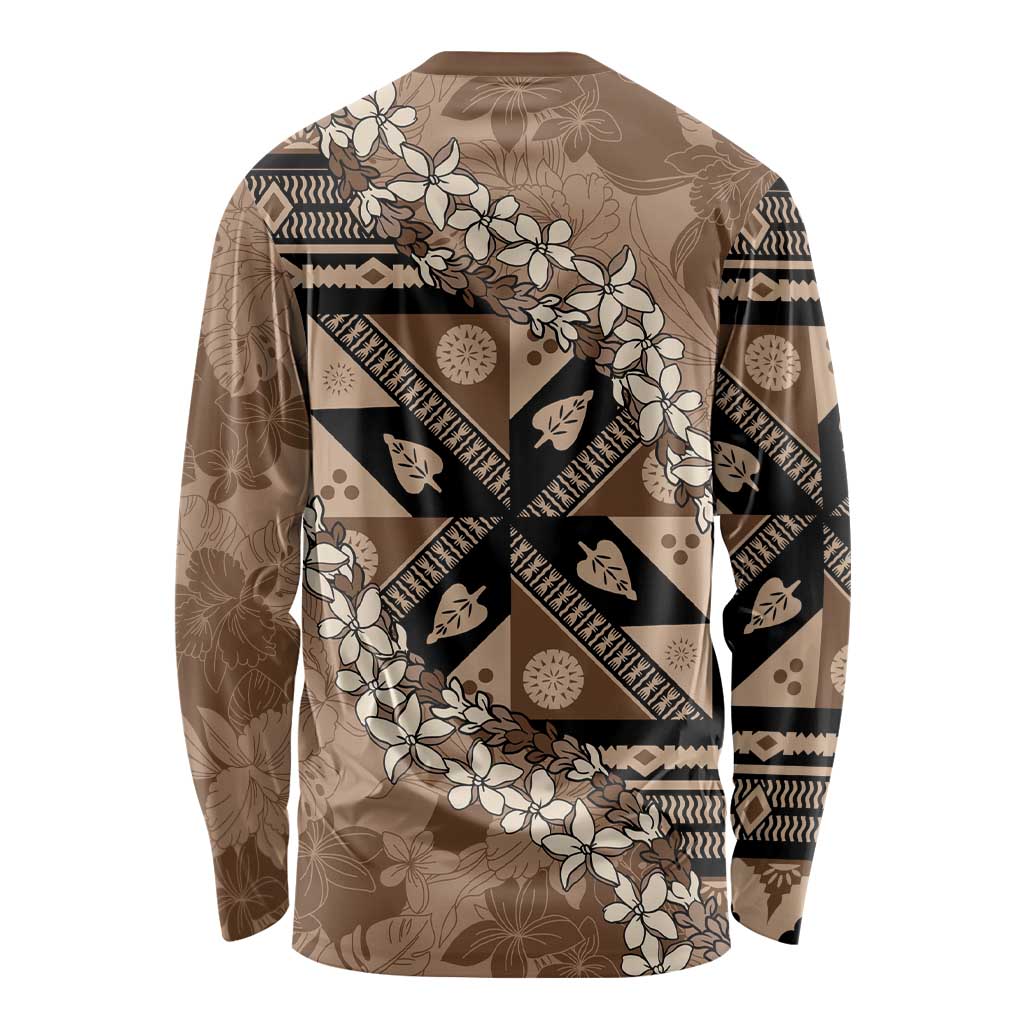 Bula Fiji Plumeria Tagimoucia Salusalu Mocha Long Sleeve Shirt Kaiviti Masi - Polynesian Pride