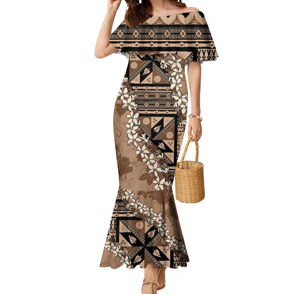 Bula Fiji Plumeria Tagimoucia Salusalu Mocha Mermaid Dress Kaiviti Masi - Polynesian Pride