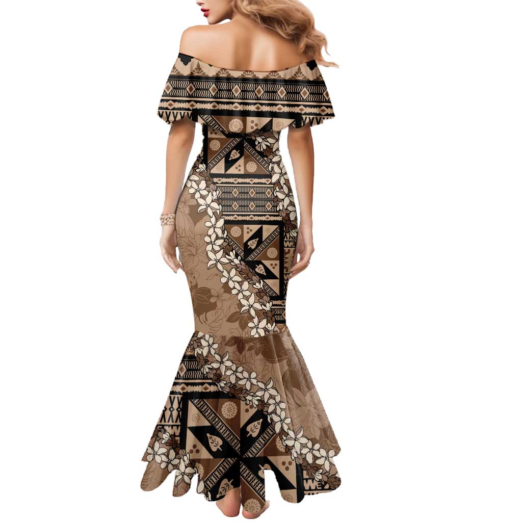 Bula Fiji Plumeria Tagimoucia Salusalu Mocha Mermaid Dress Kaiviti Masi - Polynesian Pride