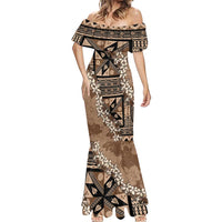 Bula Fiji Plumeria Tagimoucia Salusalu Mocha Mermaid Dress Kaiviti Masi - Polynesian Pride