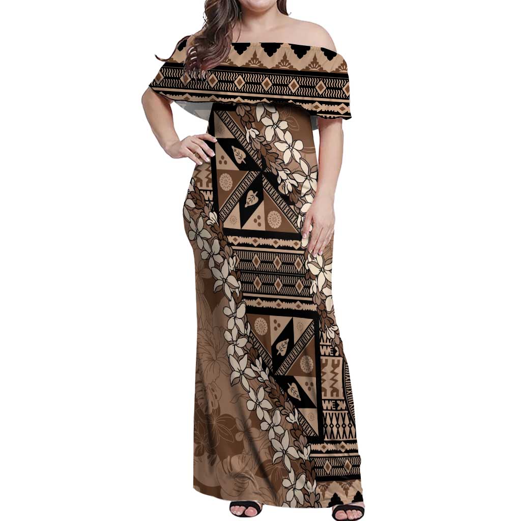 Bula Fiji Plumeria Tagimoucia Salusalu Mocha Off Shoulder Maxi Dress Kaiviti Masi - Polynesian Pride