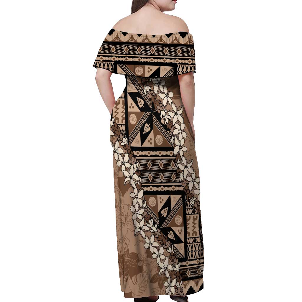 Bula Fiji Plumeria Tagimoucia Salusalu Mocha Off Shoulder Maxi Dress Kaiviti Masi - Polynesian Pride