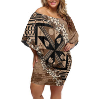 Bula Fiji Plumeria Tagimoucia Salusalu Mocha Off Shoulder Short Dress Kaiviti Masi - Polynesian Pride