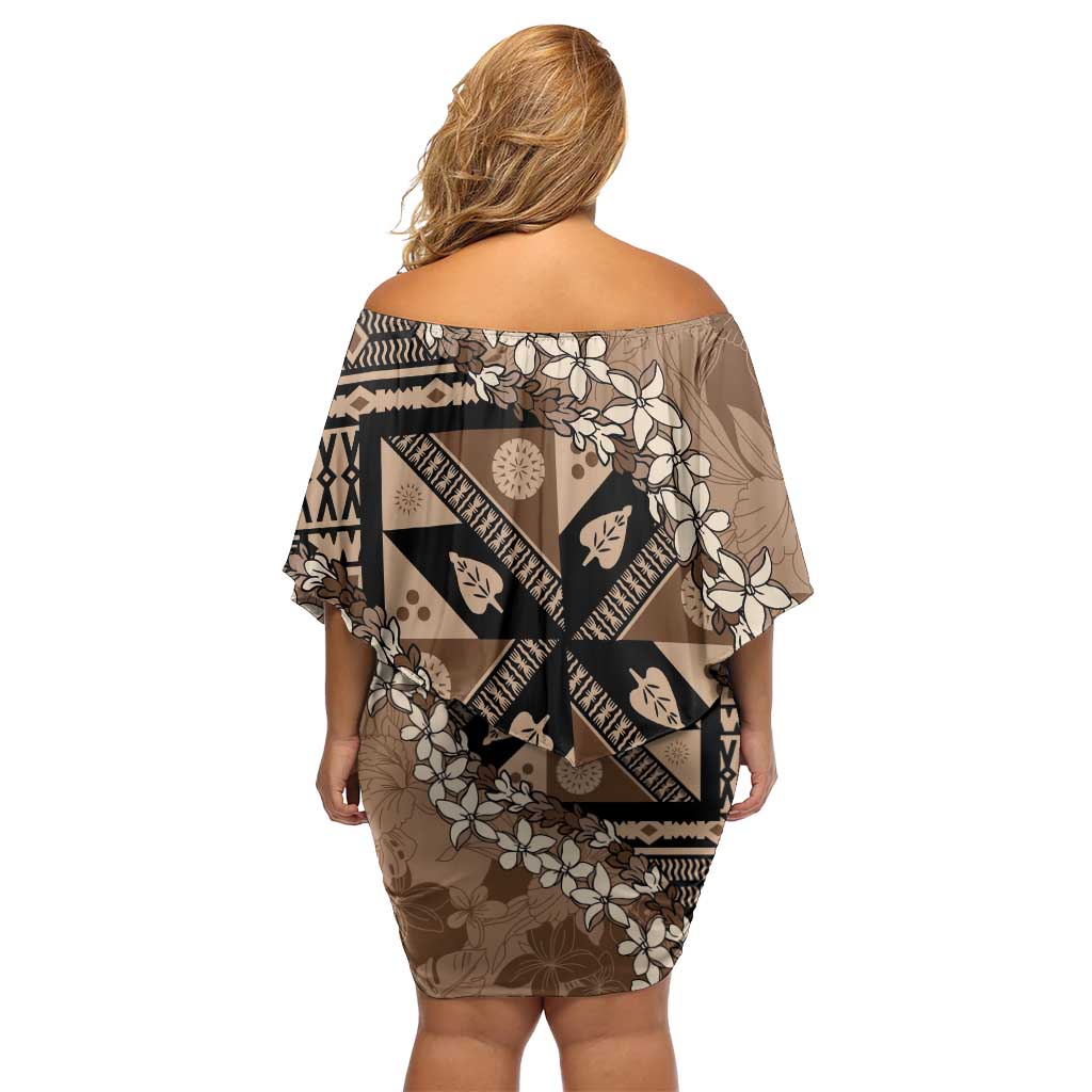Bula Fiji Plumeria Tagimoucia Salusalu Mocha Off Shoulder Short Dress Kaiviti Masi - Polynesian Pride